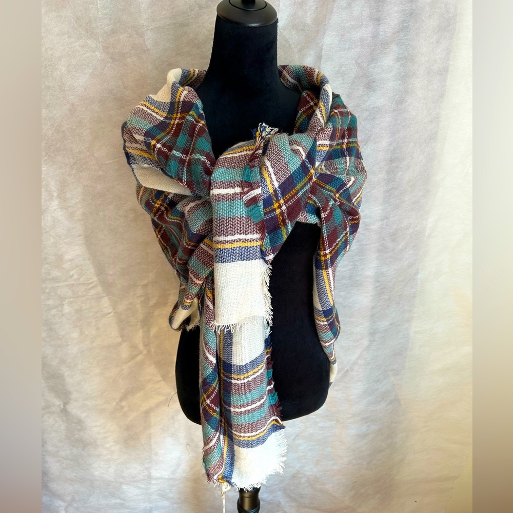 NWT. Boutique Ruggine teal plaid scarf. 58” square